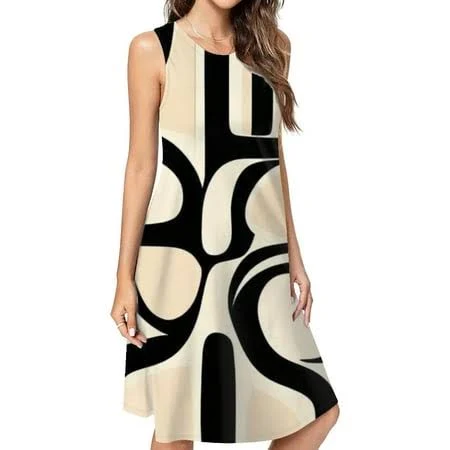JHWJH25 Abstract Beige Black Art Design Dress Elegant Party Dresses Evening Dresses Women Dress Sleeveless Dress Ladies Dresses, Women's, Size: 3XL