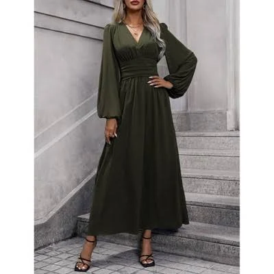 Women's Wrap V-Neck Waist Long Lantern Sleeve Maxi Dress with Side Slit
