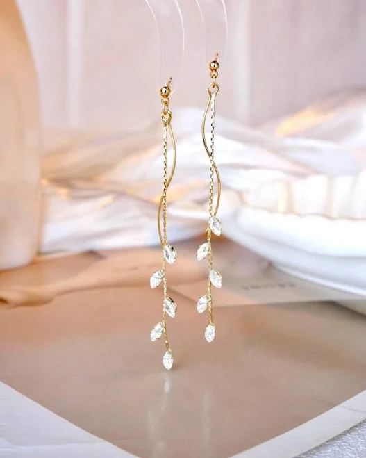 Gold Crystal Olive Leaf Long Dangle Drop Earrings