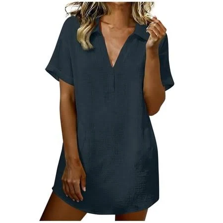 Cocolona Women's V-Neck Short Sleeve Loose Mini Dress
