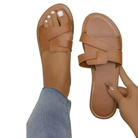 Women's Leather Slide Sandals with Cross Straps