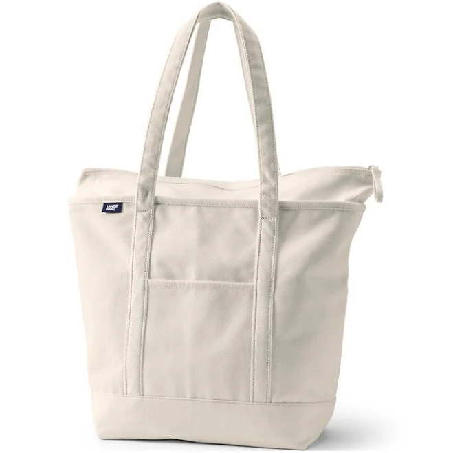 Lands' End Large 5 Pocket Zip Top Long Handle Canvas Tote Bag