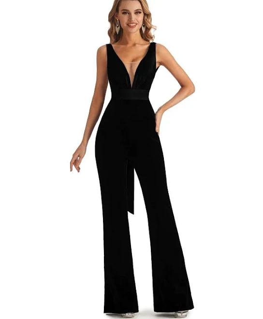 Chicsew Velvet V-Neck Open Back Jumpsuit