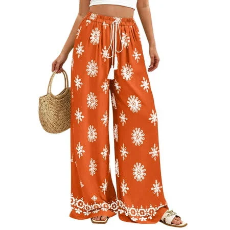 Baituer Women Wide Leg Pants Casual High Waist Floral Palazzo Pants for Women Flowy Trendy Lounge Boho Beach Trousers Pockets Orange XL, Men's