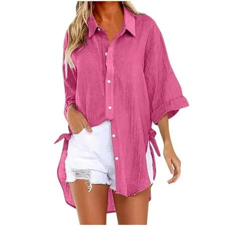 Women's Convertible Tie-Waist V-Neck Short Sleeve Button-Down Shirt