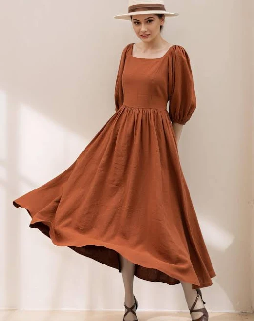 Women's Puffy Sleeve Linen Dress