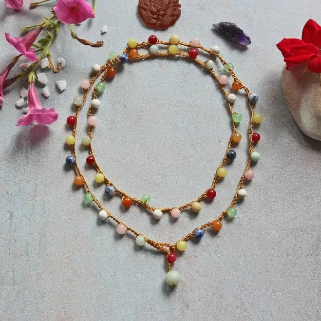 Handmade Beaded Crochet Multi Gem Stone Necklace