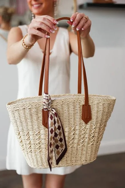 Straw Tote Bag with Scarf