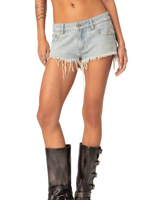 Edikted Frayed Vintage Washed Denim Shorts