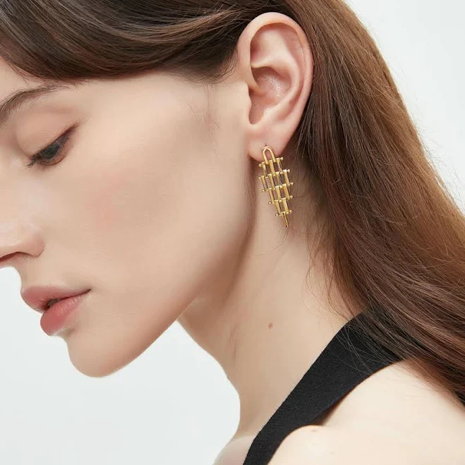 Architectural Gold Drop Earrings, 925 Sterling Silver, Gold-Plated