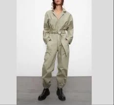 Zara Khaki Green V-Neck Belted Oversized Utility Jumpsuit XS