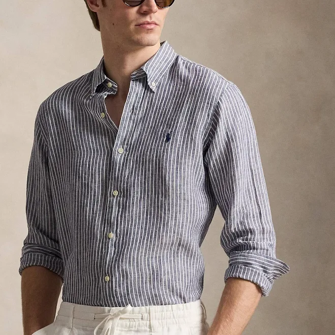 Ralph Lauren Men's Classic Fit Striped Linen Shirt - Size M in New Classic Navy Wh