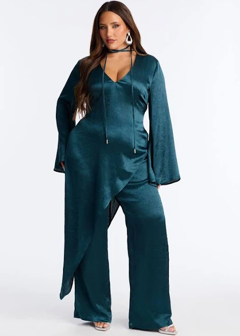 Fashion Nova Asymmetrical Satin Blouse and Pant Set