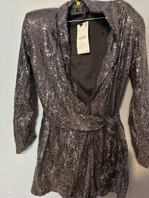 Zara Dresses | Zara Black Romper With Silver Metallic Threading | Color: Black/Silver | Size: S | Ceciliavarga710's Closet