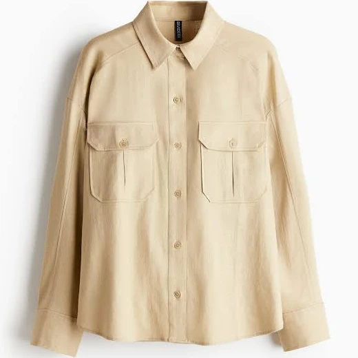 H&M Ladies Oversized Linen-Blend Cargo Shirt