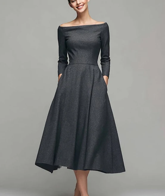 Zapaka Women's A-Line Bateau Neck Long Sleeve Work Dress