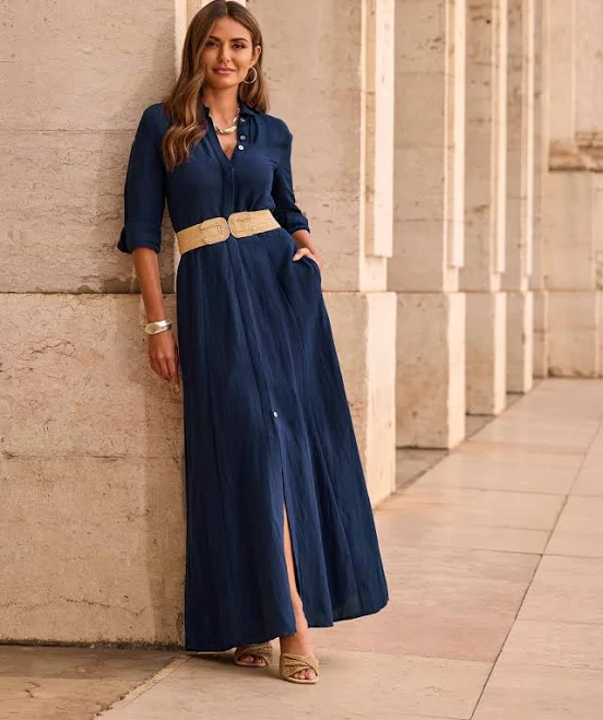 Boston Proper Linen Three Quarter Sleeve Maxi Shirt Dress
