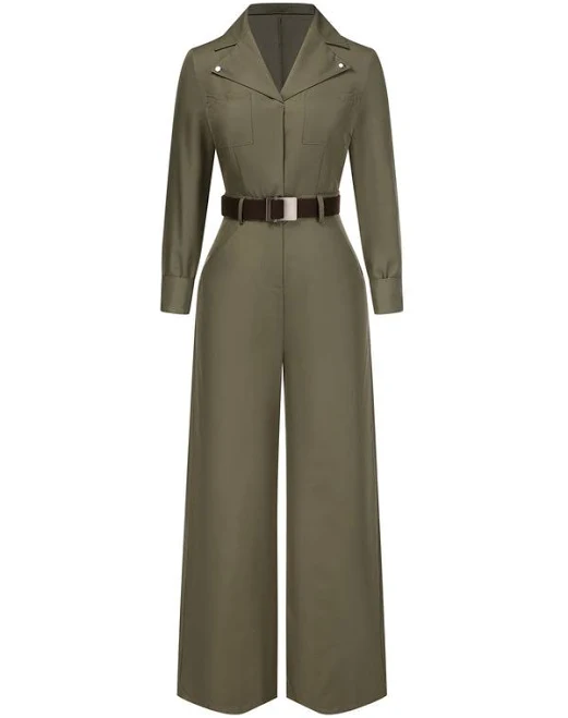 Wide Leg Long Sleeve Belted Utility Jumpsuit