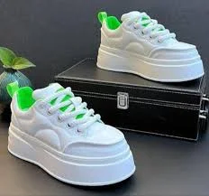White Chunky Platform Sneakers – White with Neon Green Accents