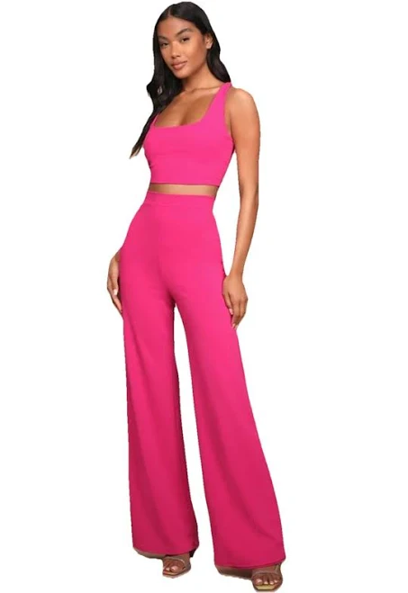 Lulus Only Tonight Hot Pink Crop Top High Waisted Wide Leg Pants Set