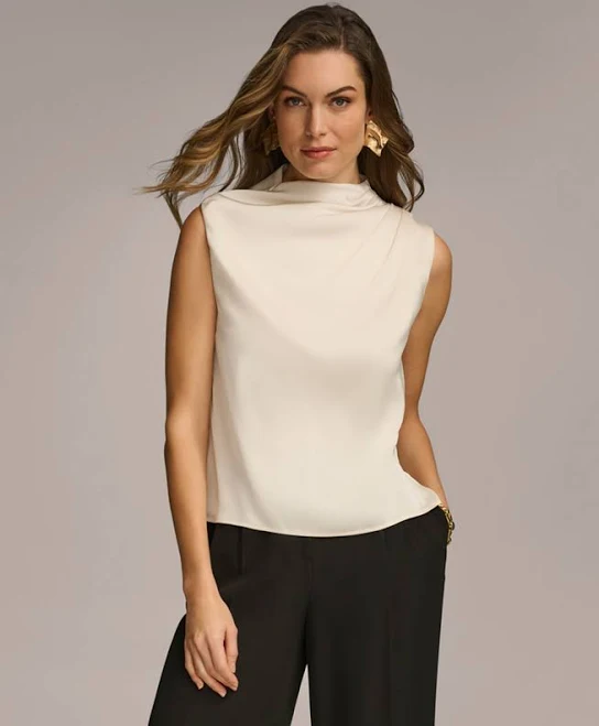 Donna Karan Women's Draped High Neck Sleeveless Satin Top