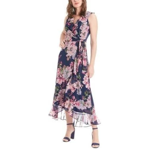 London Times Women's Side Tie Ruffle Wrap V-neck Dress