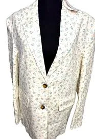 NWT Mango MNG Oversized Linen Blazer Size S Cream with Blue Floral Print