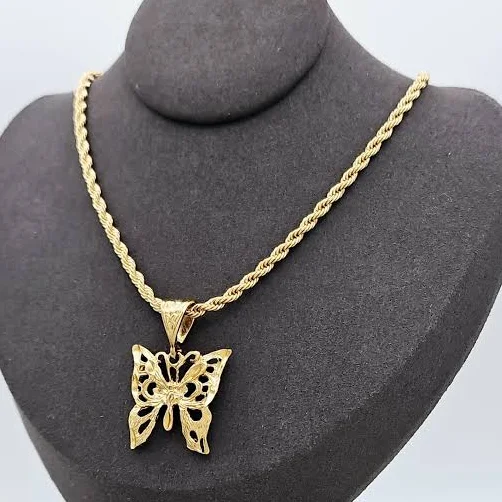 14K Heavy Plated Gold Butterfly Pendant Necklace with Rope Chain
