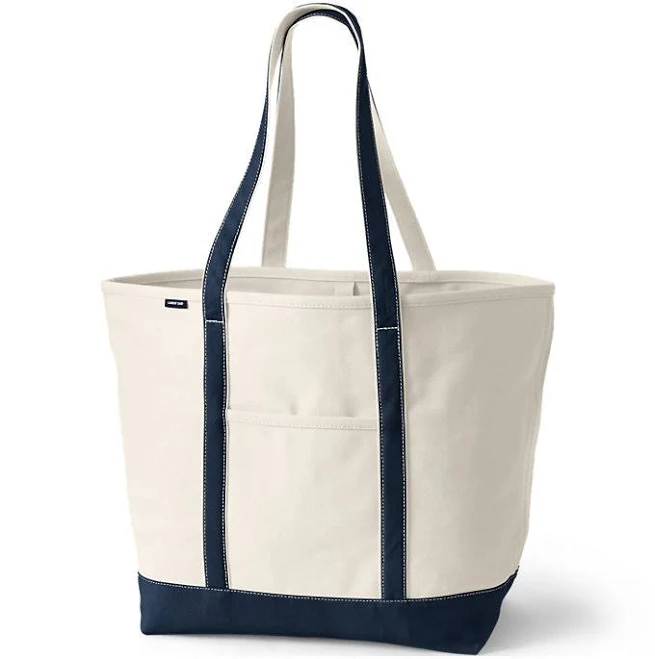 Lands' End Extra Large 5 Pocket Open Top Long Handle Canvas Tote Bag