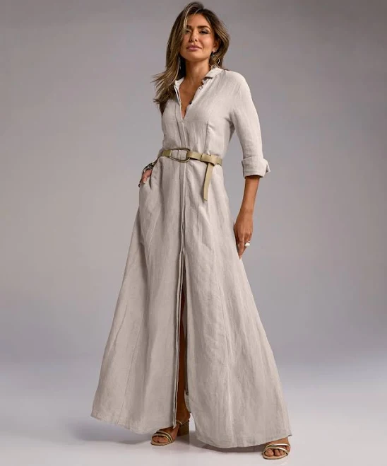 Boston Proper Three Quarter Sleeve Linen Maxi Shirt Dress