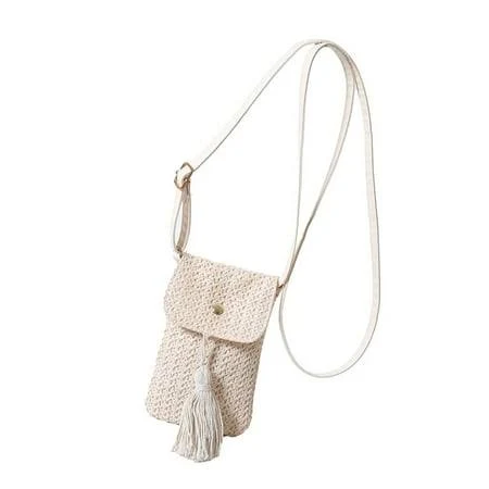 Women's Boho Woven Straw Crossbody Phone Bag with Tassel