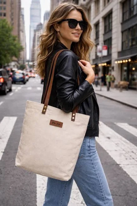Natural Canvas Tote Bag with Genuine Leather Handles - MADE IN USA