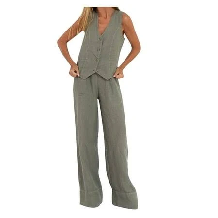 Women's Cotton Linen V-Neck Vest and Wide Leg Pant