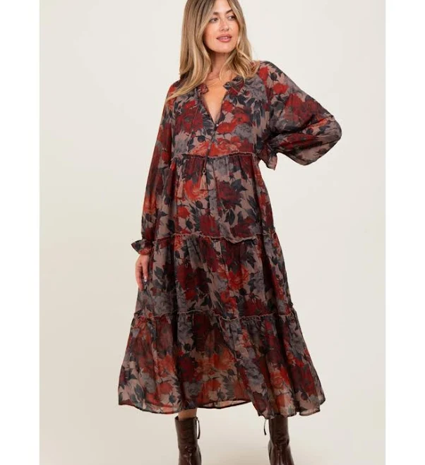 Pinkblush Maternity Floral Chiffon Ruffle Tiered Midi Dress