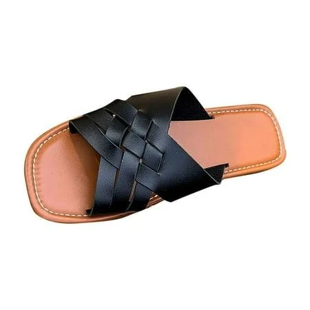 Women's Leather Slide Sandals with Cross Straps