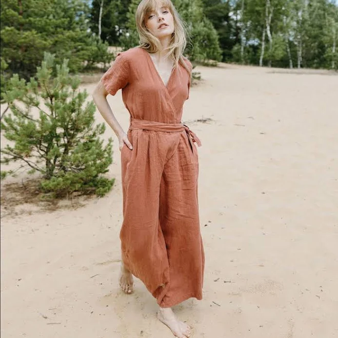 V-Neck Short Sleeve Wrap Culottes Leg Linen Jumpsuit
