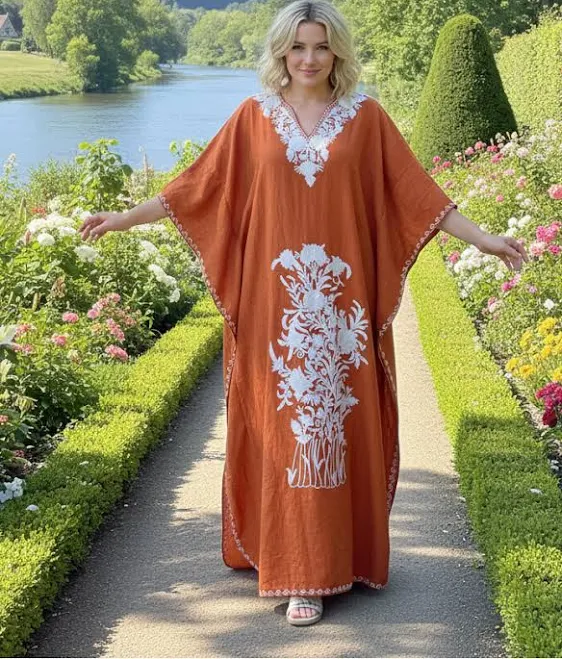 Women's Boho Hand-Embroidered Kaftan Maxi Dress