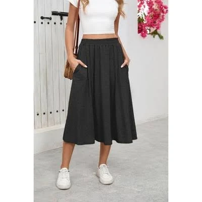 Women's Casual A-Line Elastic Waist Midi Skirt with Side Pockets