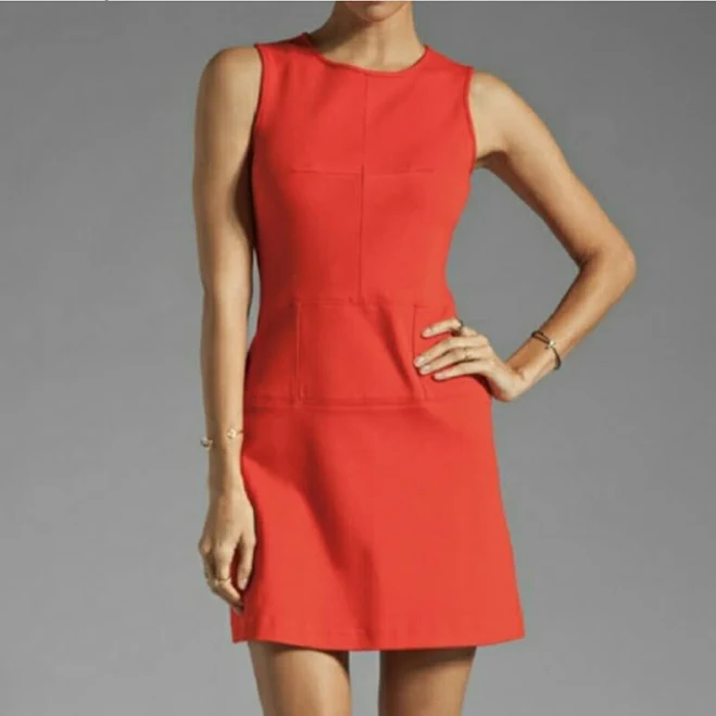 $390 Tibi Mod Party Dress Ponte Knit Red Orange Coral Shift Mini Retro