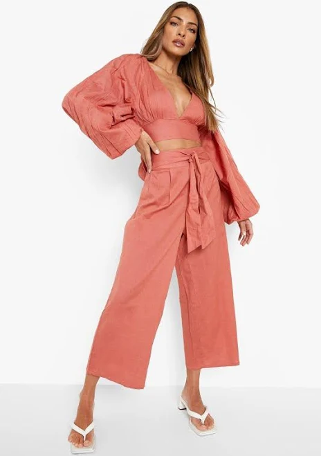 Boohoo Women's Linen Look Balloon Sleeve Crop & Wide Leg Pants