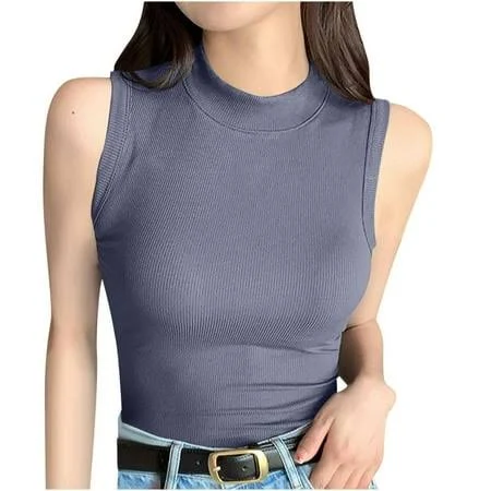 Women's Slim Fitted Mock Turtle Neck Ribbed Tank Top