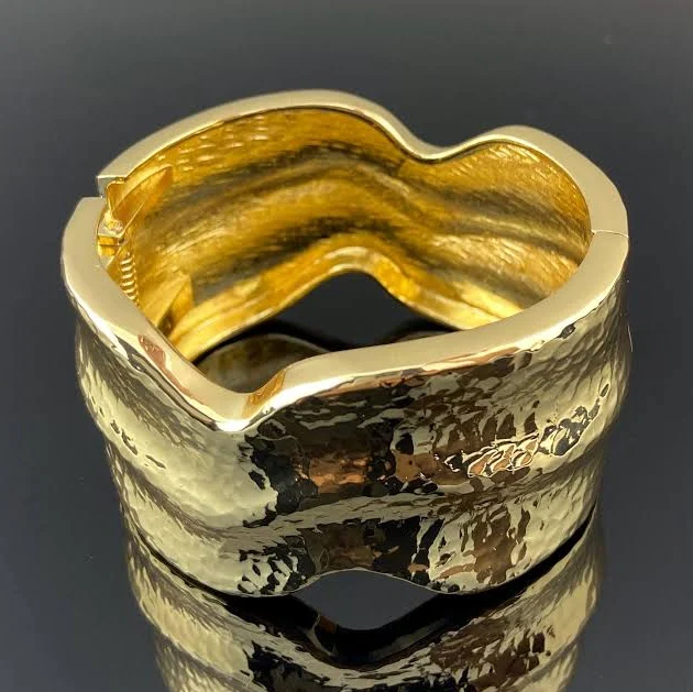 Hammered Gold Wide Sculpted Bangle Bracelet