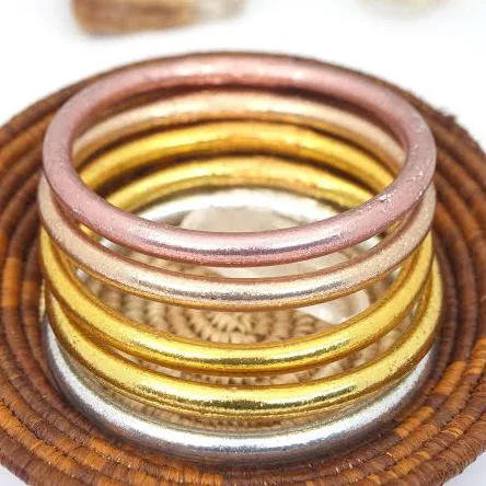 Mixed Metal Bangle Stack with 5 Thai Buddhist Temple Bracelets