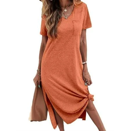 Dellytop Women's V-Neck Short Sleeve Midi Dress with Pockets