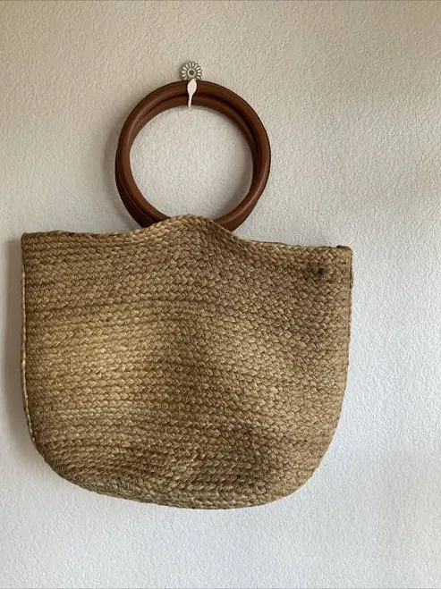 J. Jill Woven Bag Jute Wooden Circle Handles Natural Large Coastal