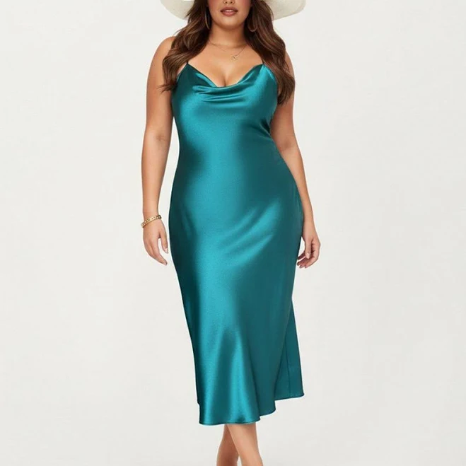 Anna-Kaci Lounge Women's Satin Slip Midi Dress with Draped Neckline