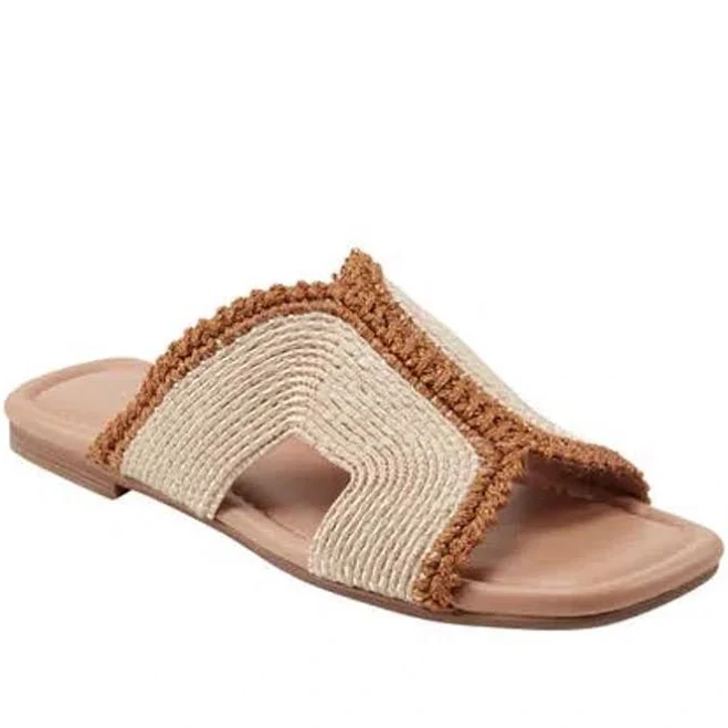 Woven Raffia Flat Slide Sandals In Light Natural
