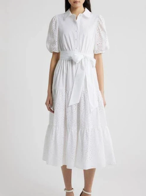 Anne Klein Women's Puff-Sleeve Eyelet Midi Dress