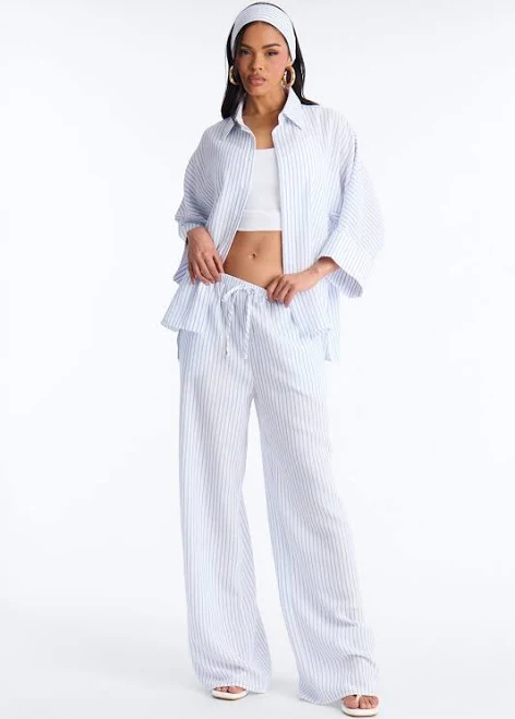 Fashion Nova Linen Long Sleeve Button Up Shirt and Wide Leg Pant Set