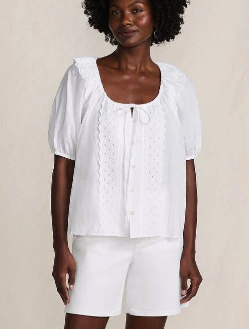 Lands' End Women's Voile Puff Elbow Sleeve Embroidered Blouse